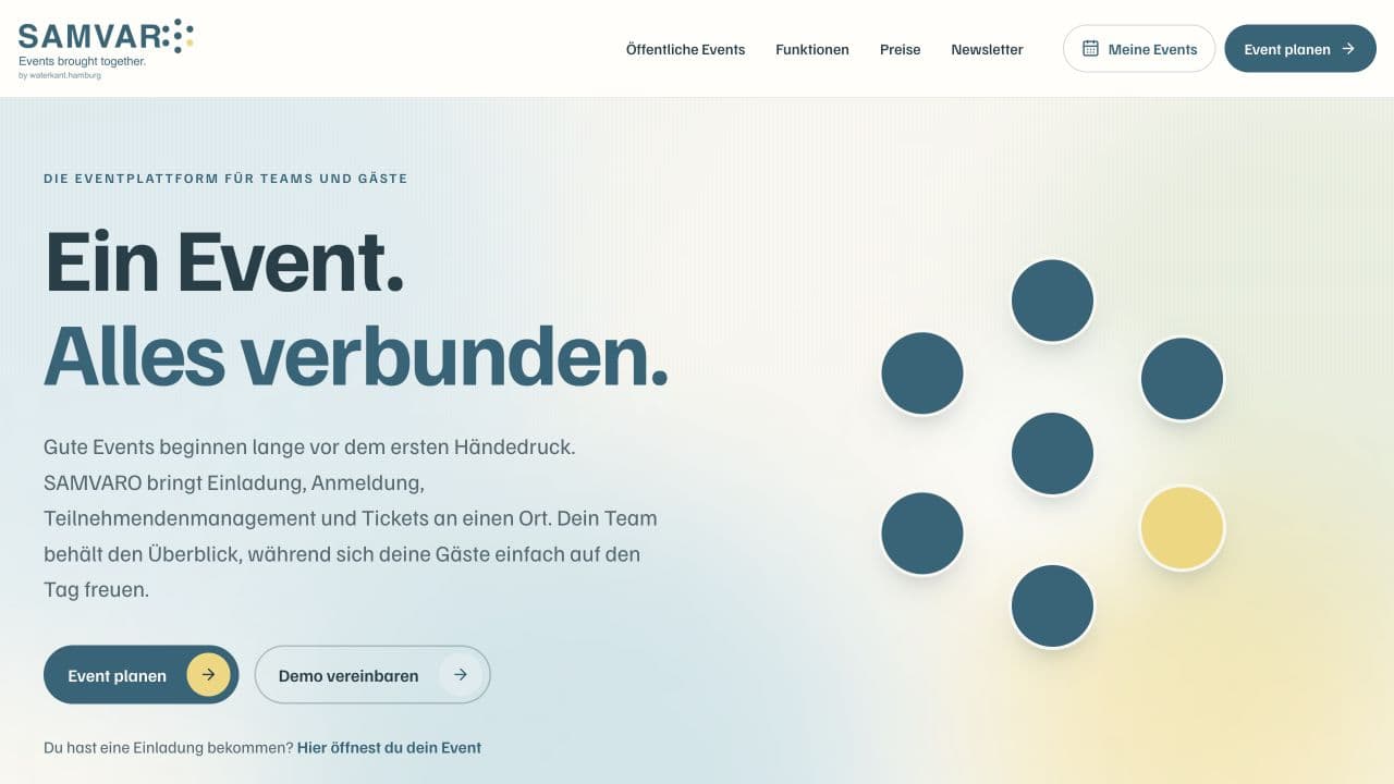 Öffentliche Website von SAMVARO mit dem Einstieg zur Eventplanung