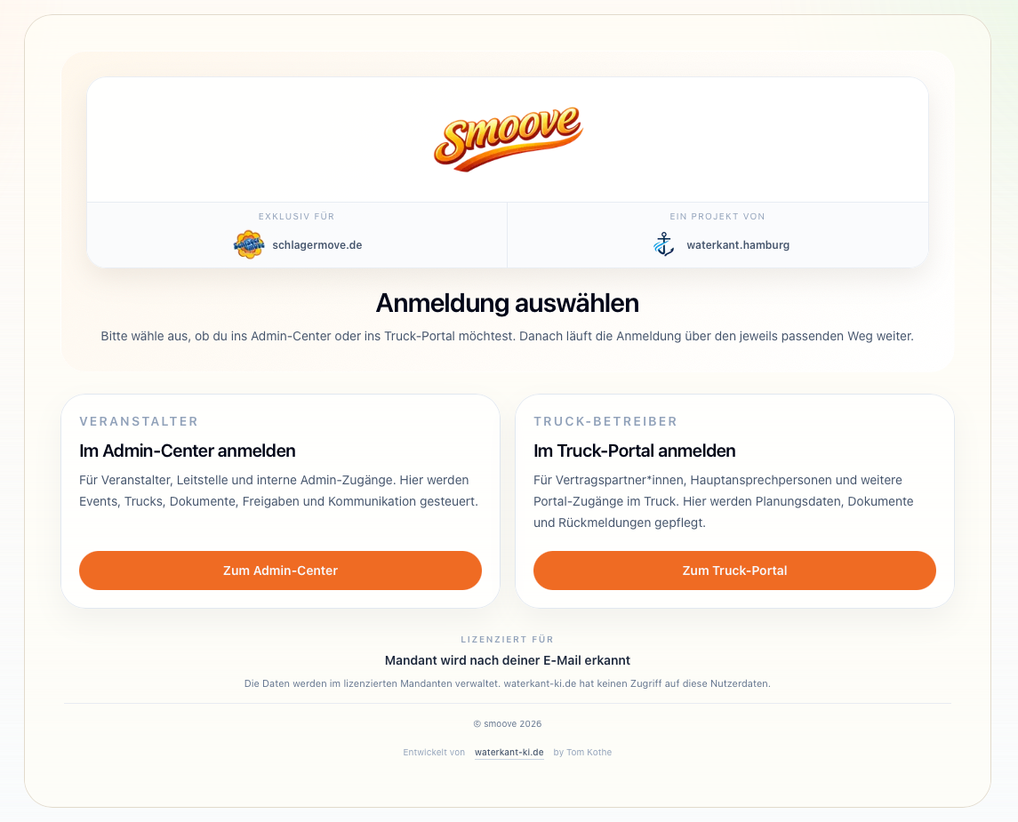 smoove-Anmeldeseite mit Auswahl zwischen Admin-Center und Truck-Portal